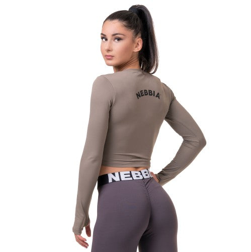 Long Sleeve Thumbhole Sporty Crop Top Mocha, mocha